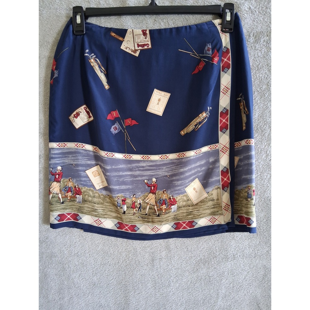 Talbots Silk Mini Skirt 12P Blue Golf Print Preppy Old Money country Club Vtg
